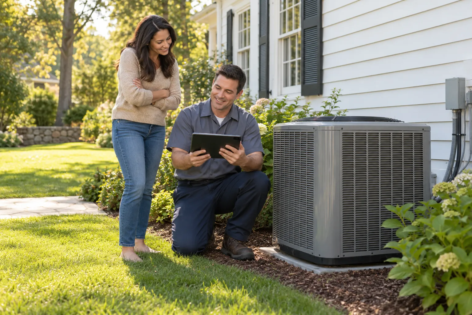 A friendly local HVAC provider checking an outdoor air conditioner with a homeowner in the Annapolis area